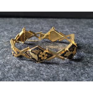 Vintage Black & Gold Damascene Bracelet with Floral and Bird Motifs